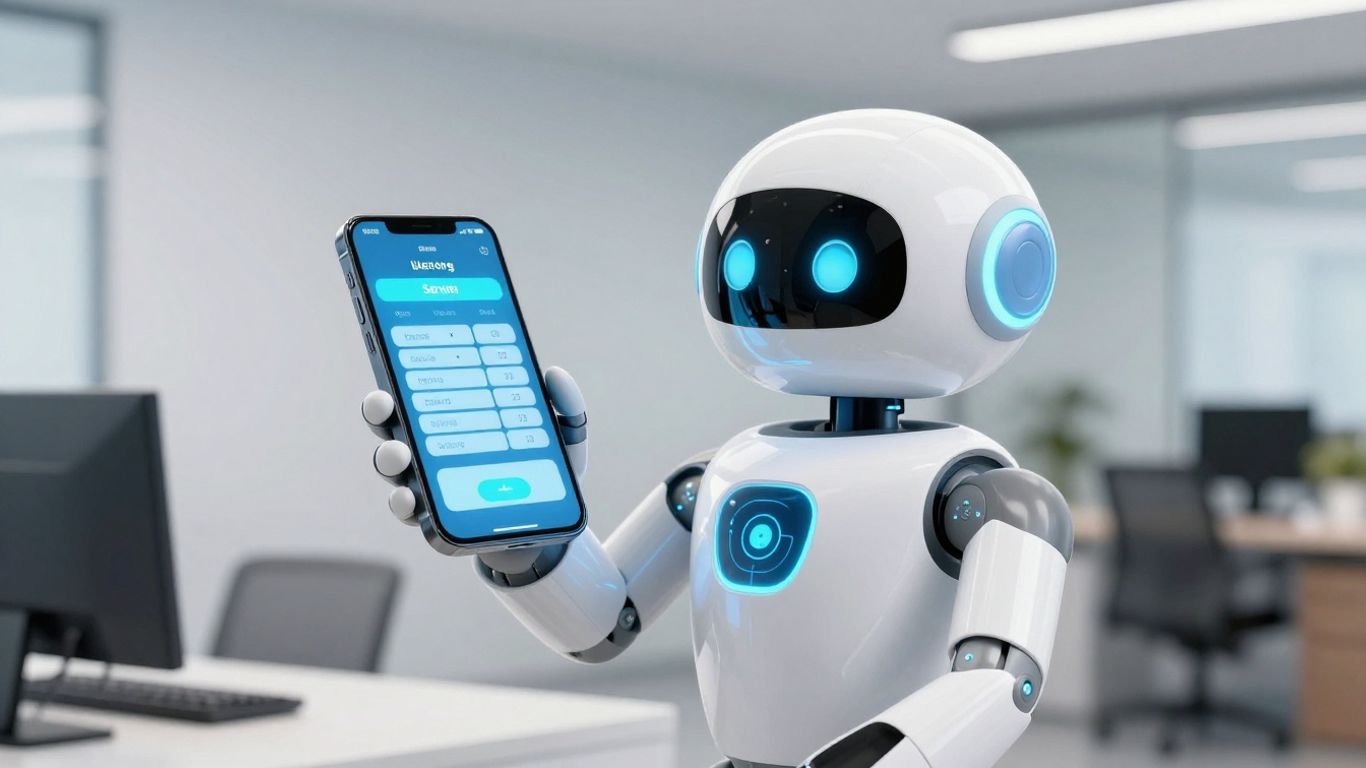AI receptionist robot managing cleaning service bookings on a smartphone.