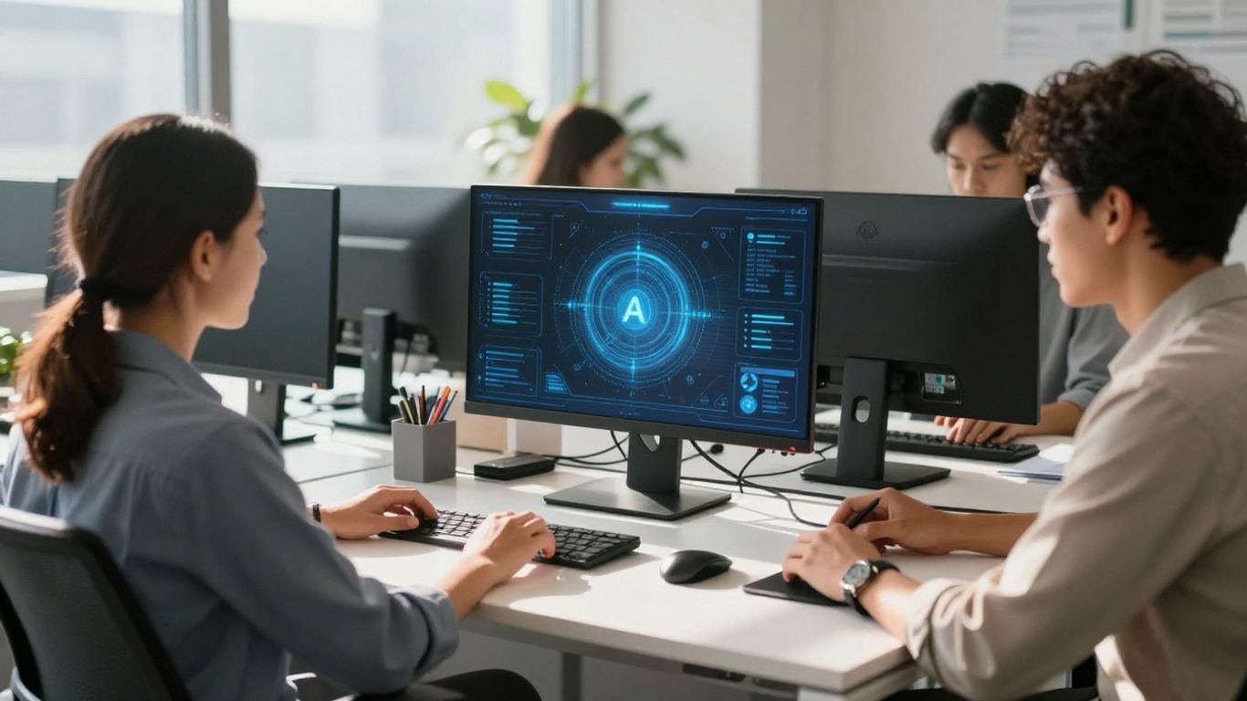 Business team collaborating with AI receptionist technology.