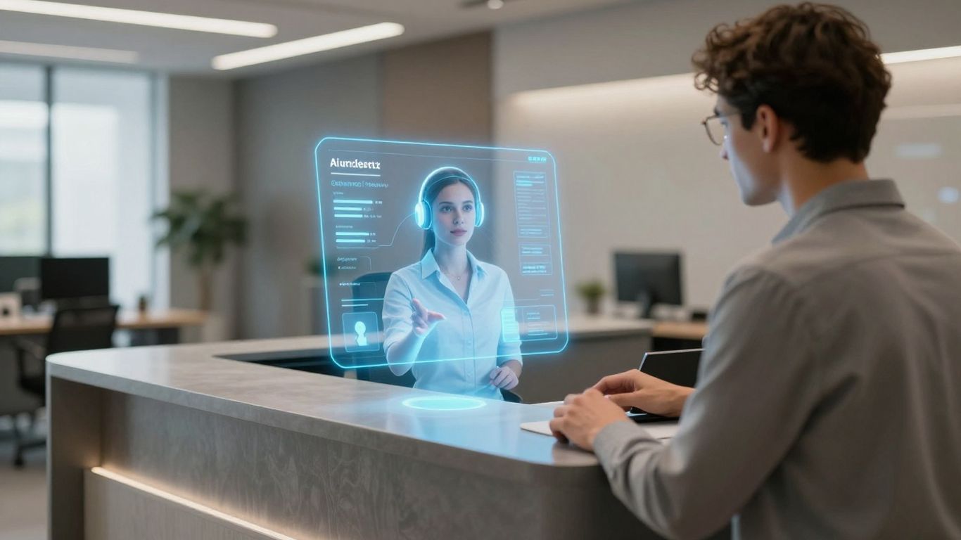 AI assistant at a reception desk interacting with a visitor.