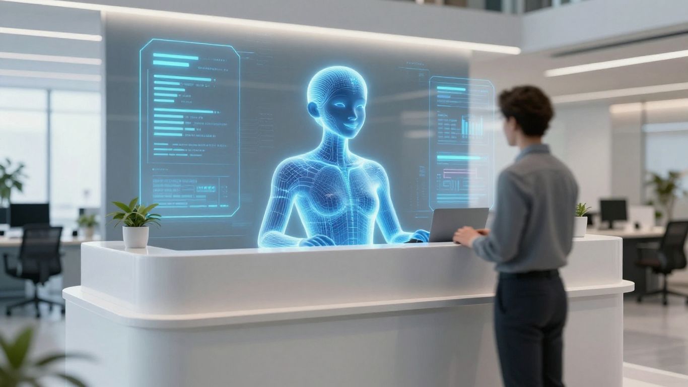 AI receptionist interface at a modern desk.