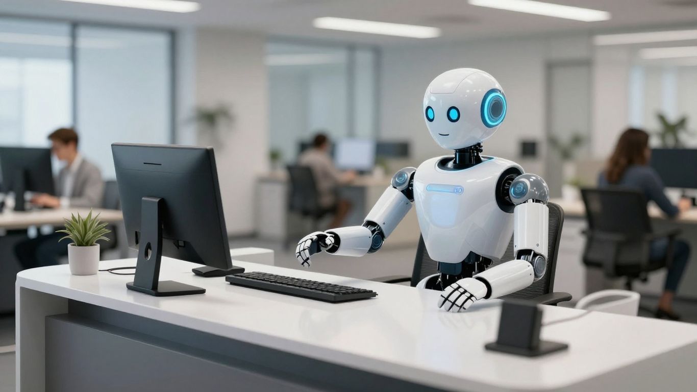 Robot receptionist assisting a human at a desk.