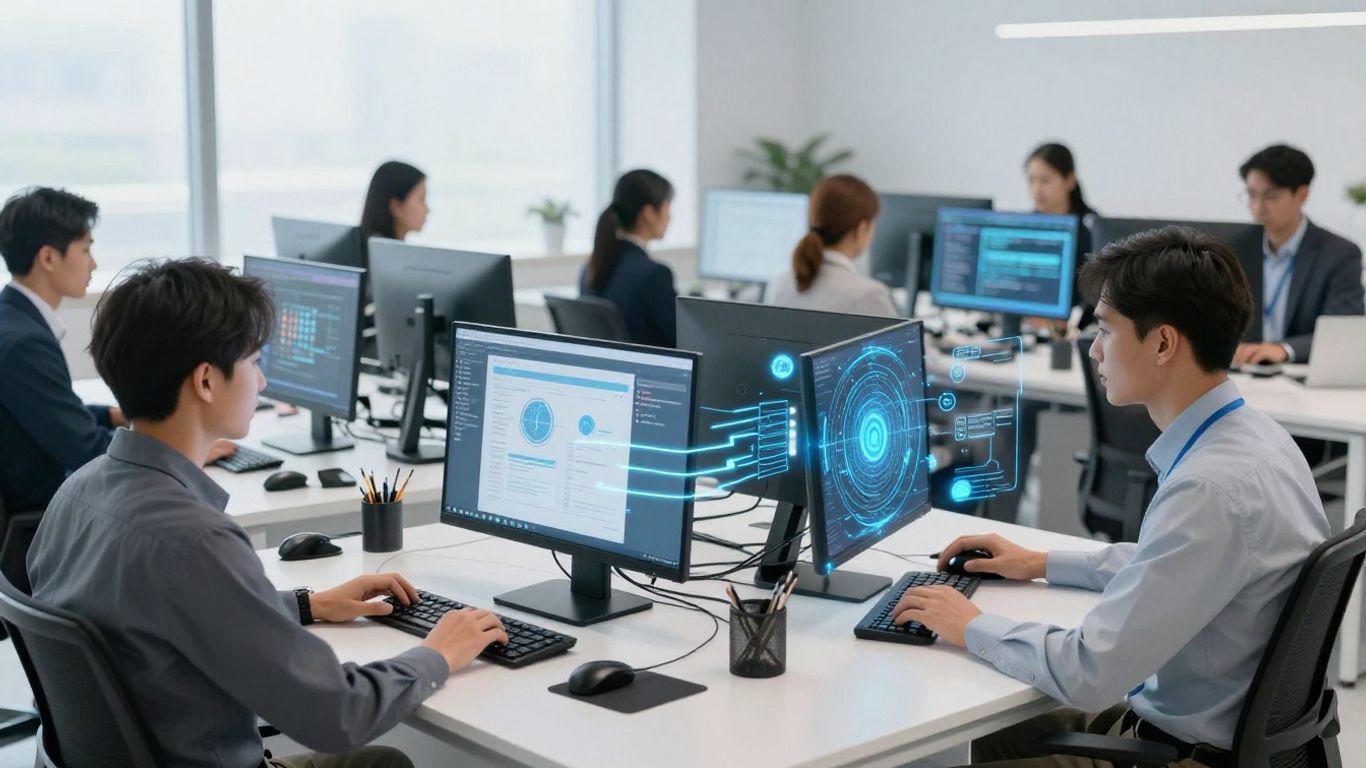 Call center agents using AI-powered technology.