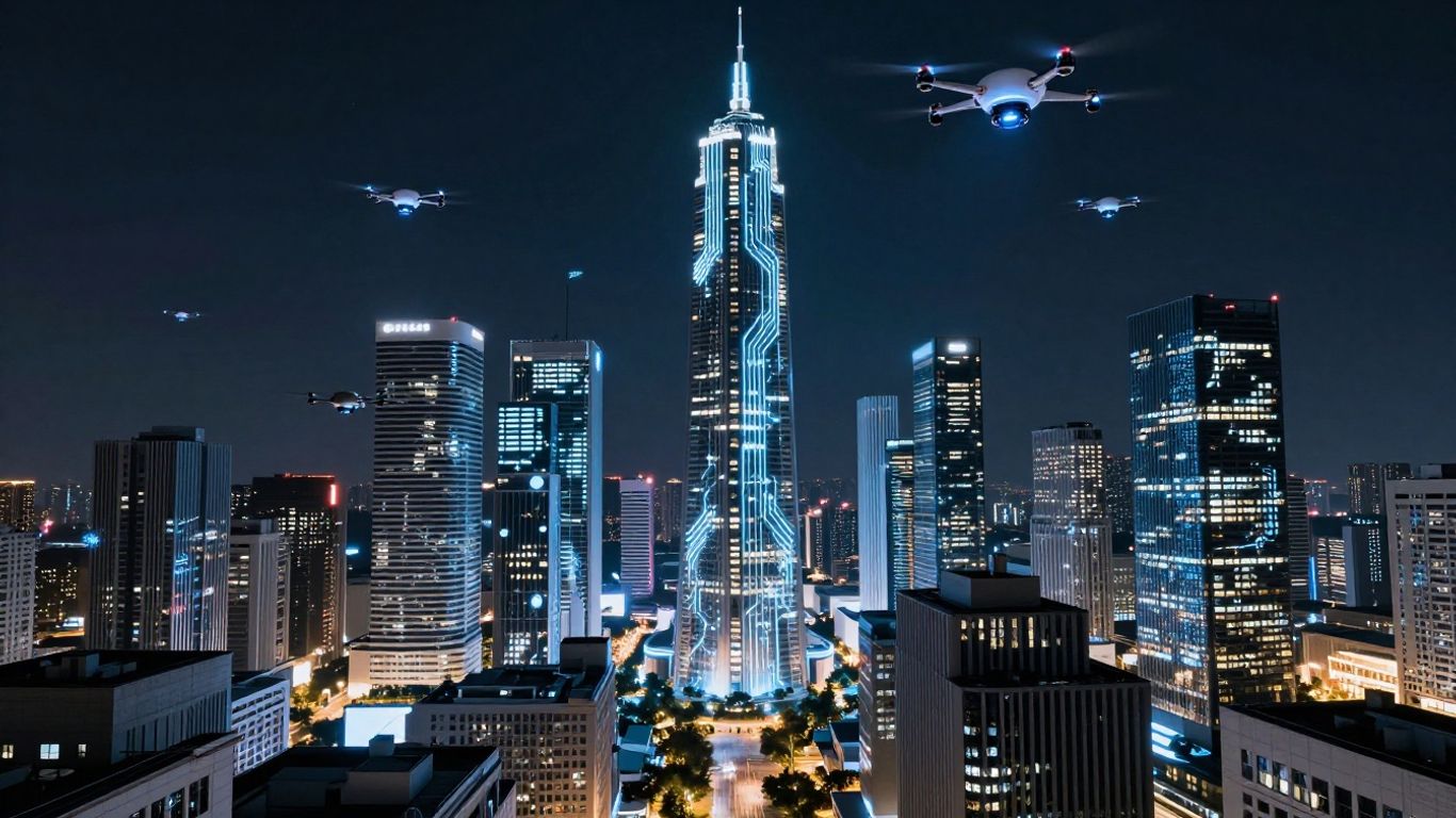 Futuristic cityscape with AI circuits and drones.