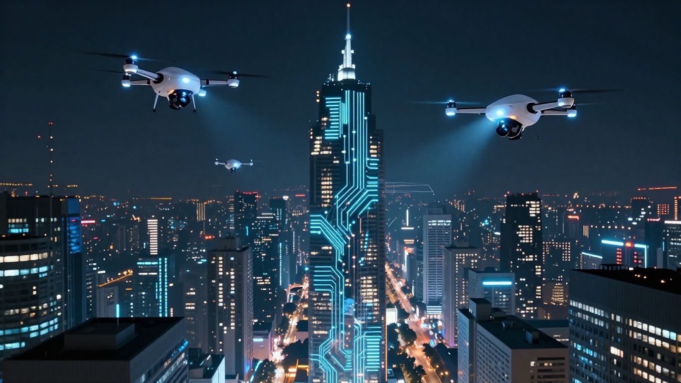 Futuristic AI security drones and robots in a glowing cityscape.