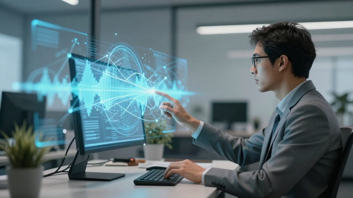 Person using advanced voice AI interface with sound waves.