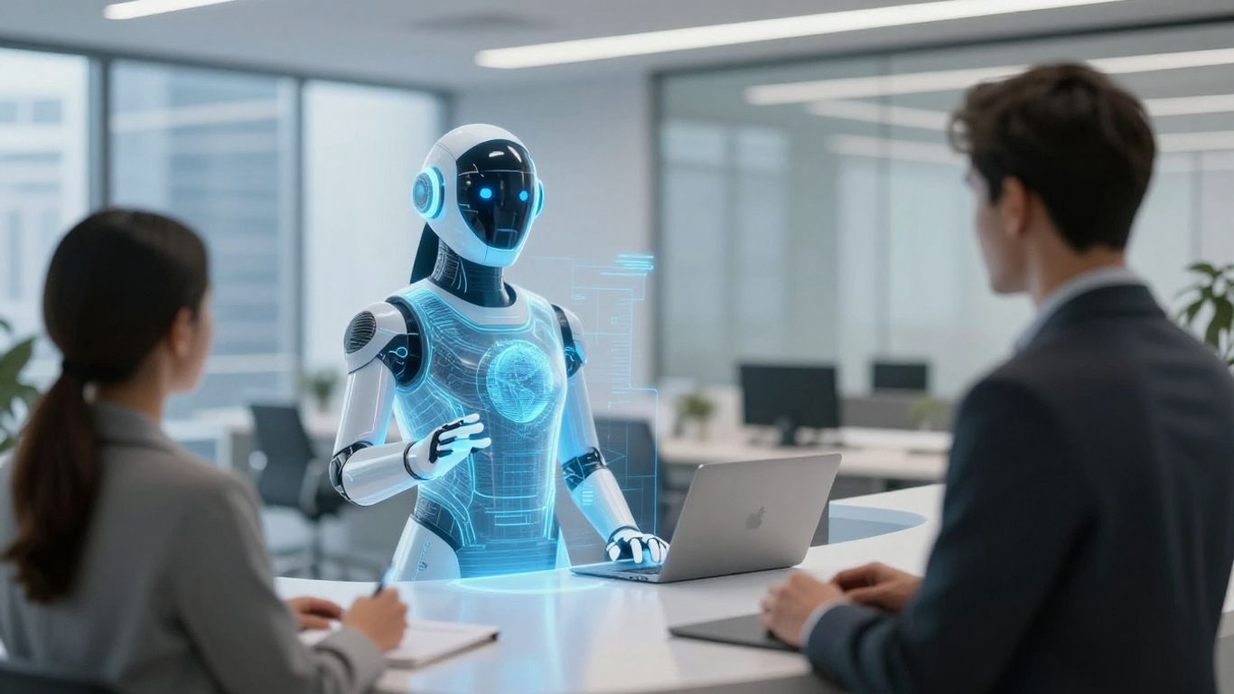 AI receptionist assisting a client in a modern office.