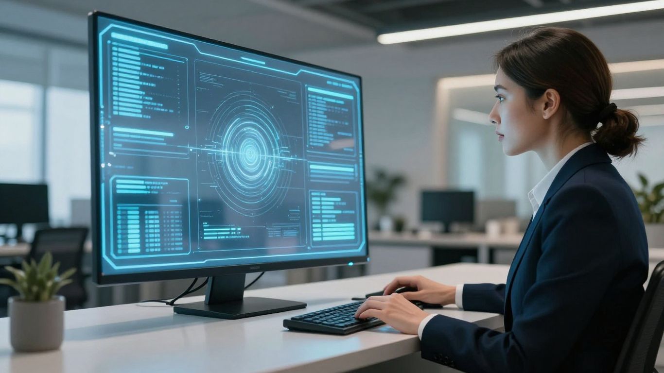 AI receptionist helping a professional multitask in an office.