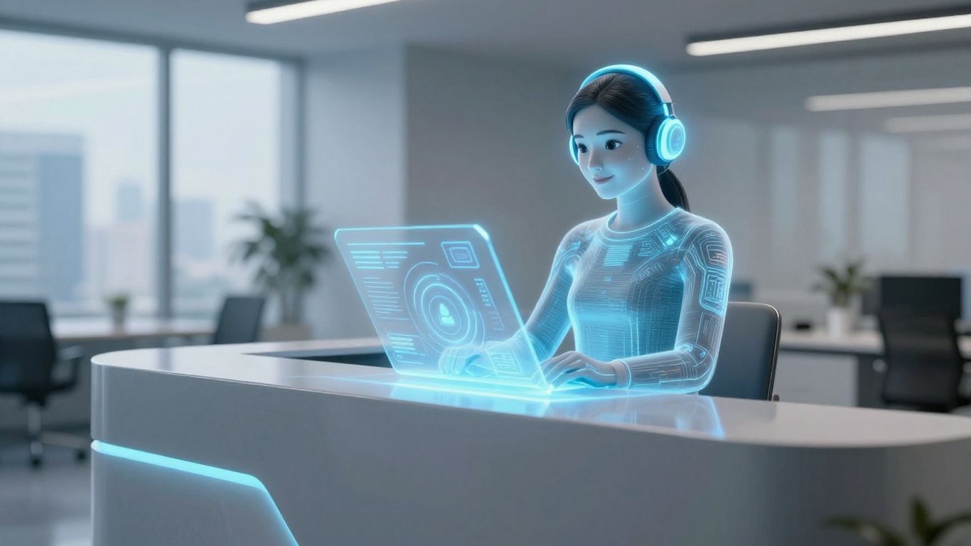 AI receptionist interface in a modern office.