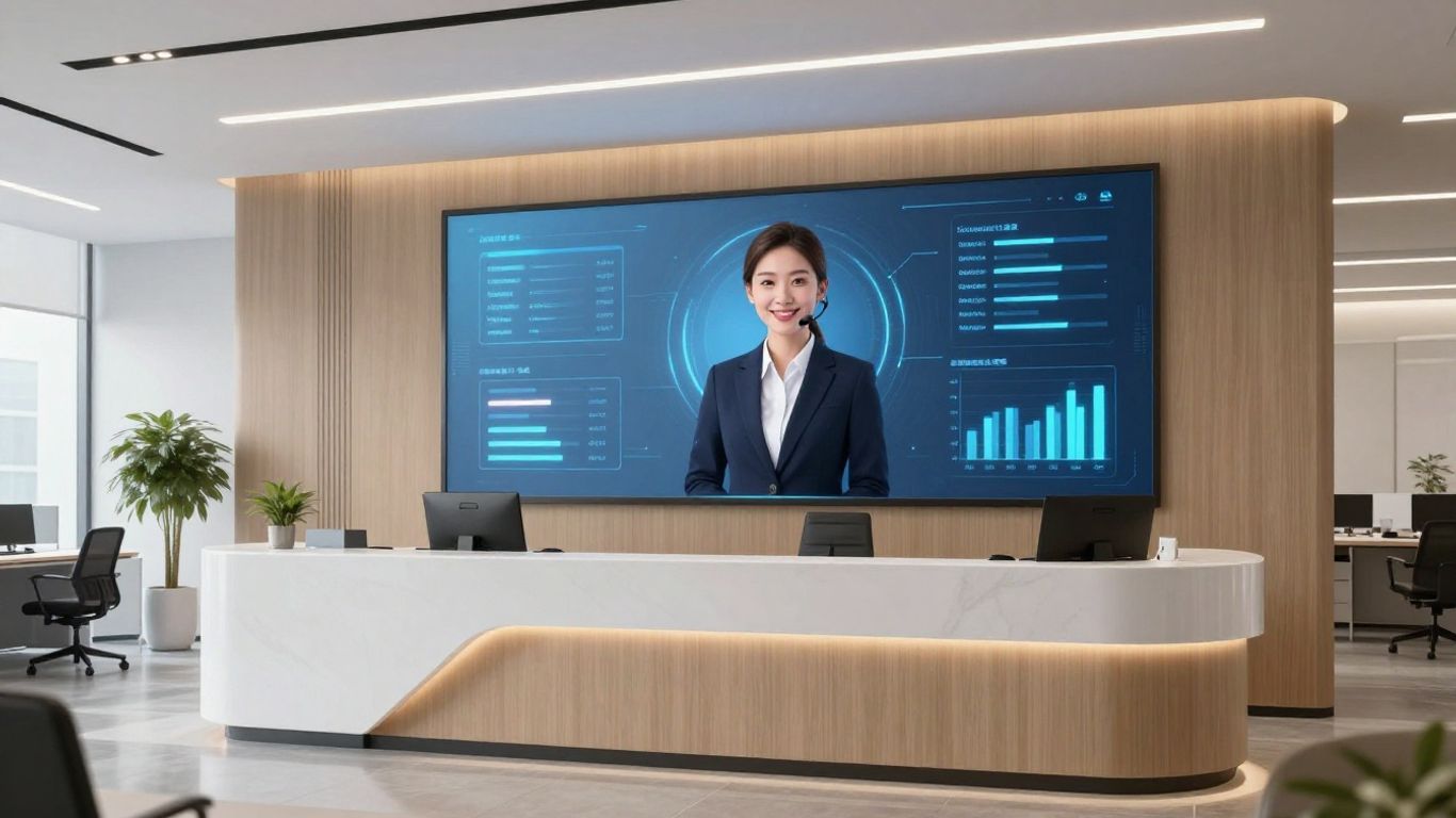 AI virtual receptionist on a futuristic display.