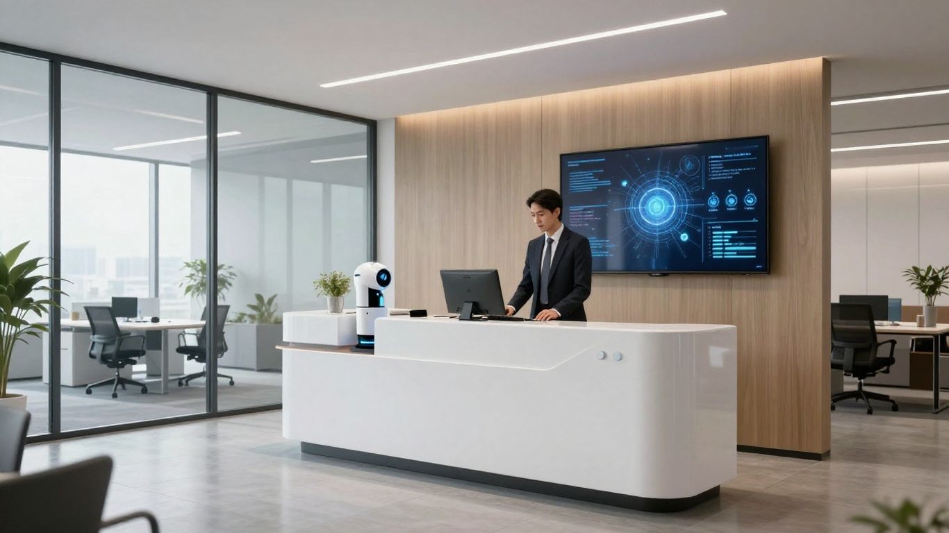 AI robot receptionist assisting business professional at office desk