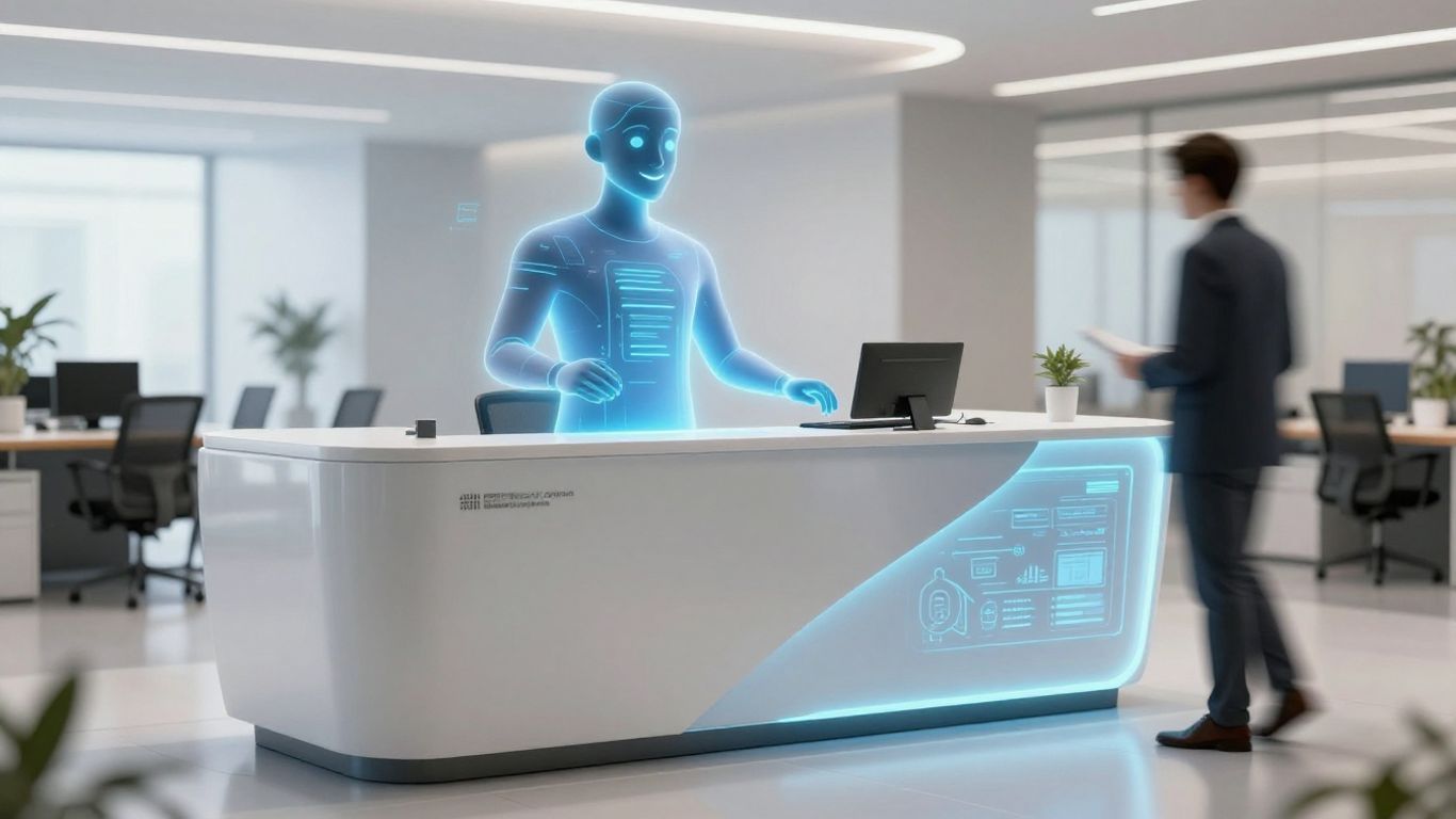 AI receptionist interface at a modern desk.