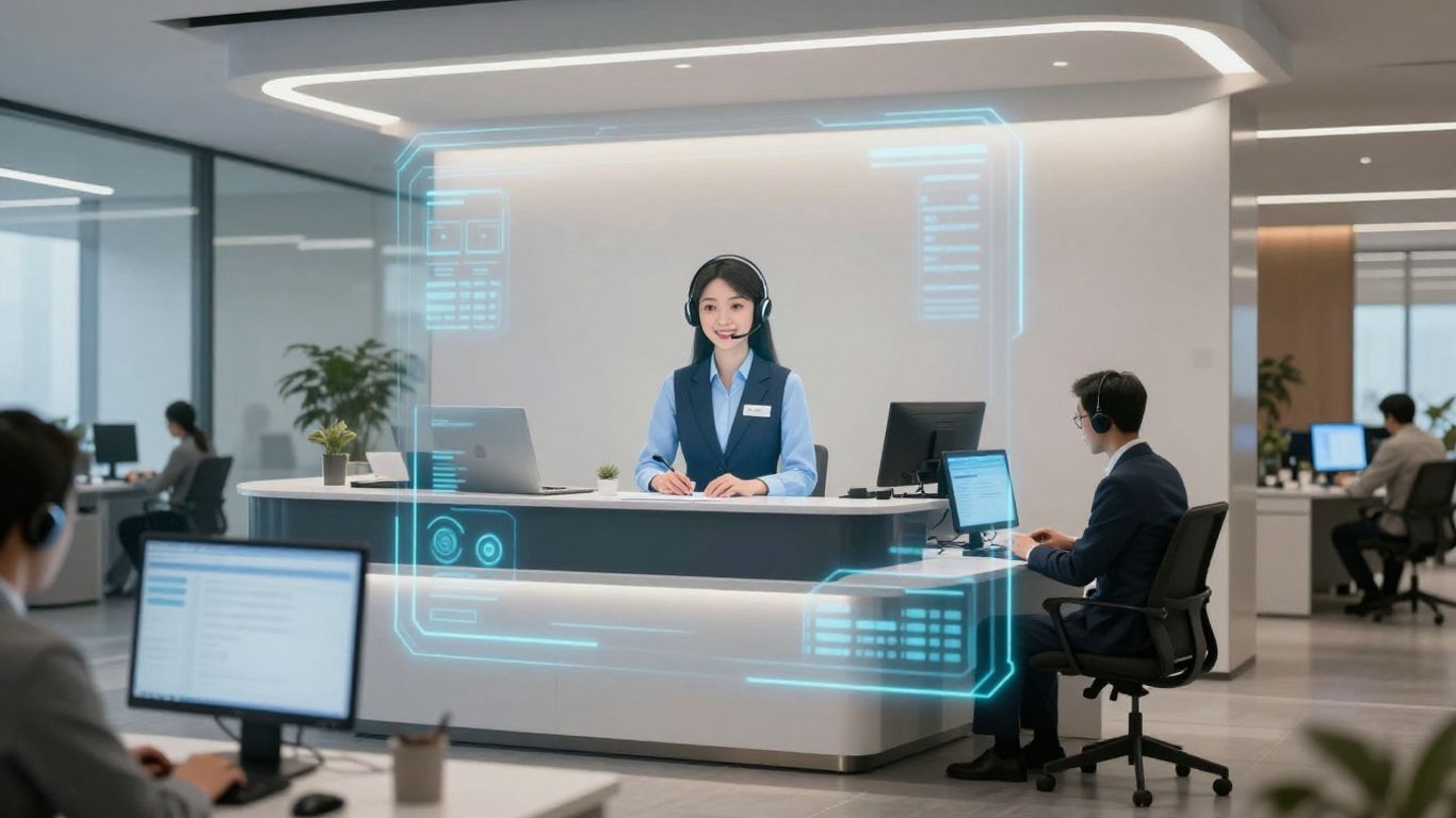 Virtual receptionist hologram in a modern office lobby