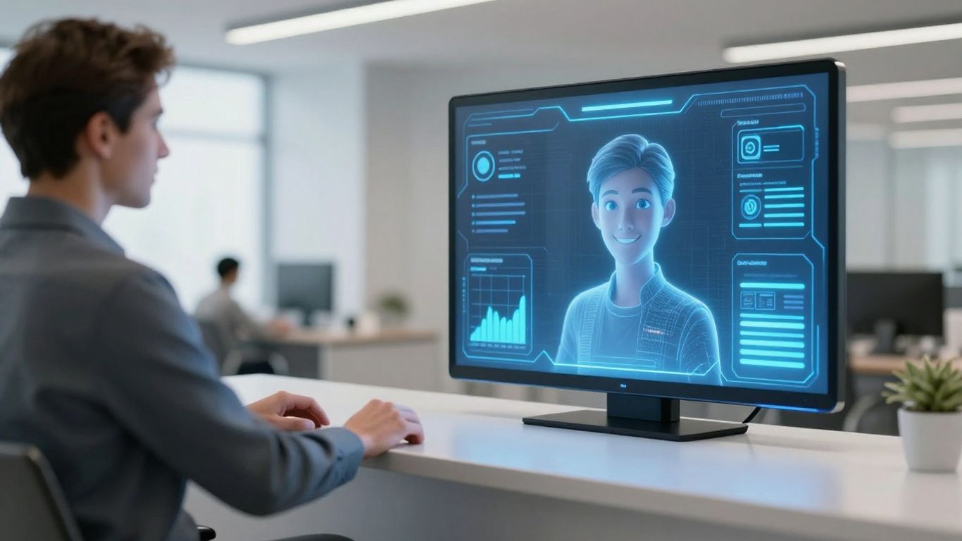 AI receptionist interface with digital avatar and customer interaction.