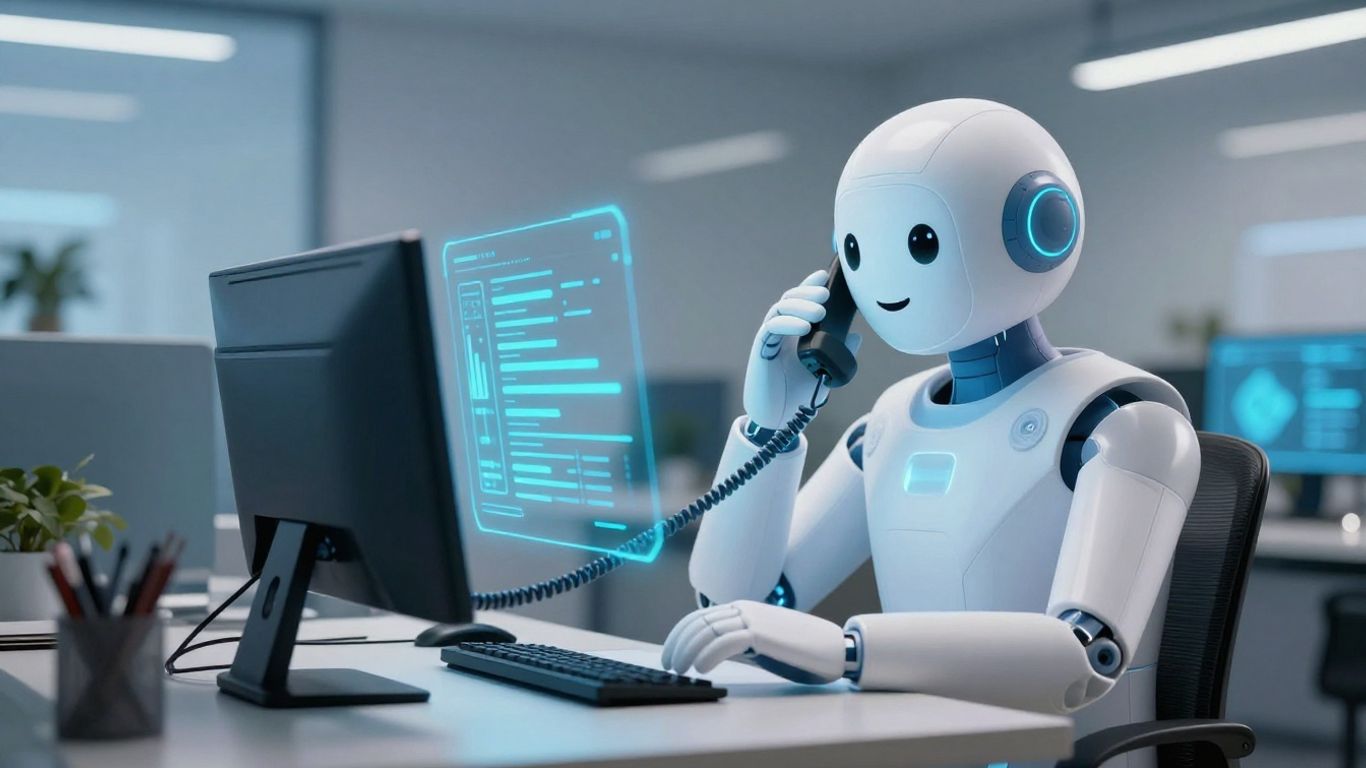 AI receptionist handling a phone call in a modern office.