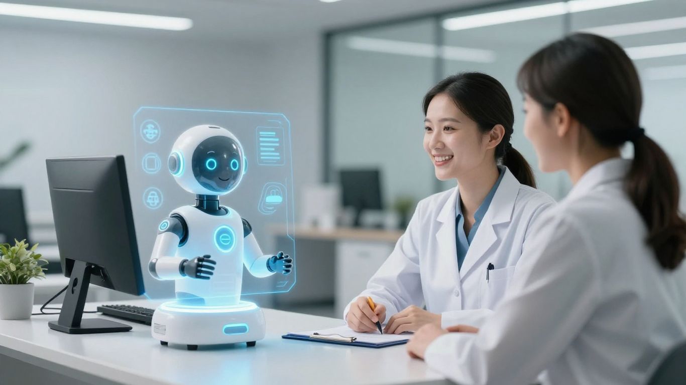 Speech therapist with AI assistant in office