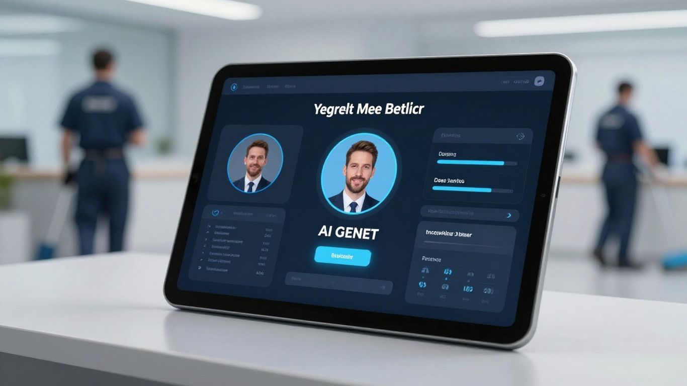 AI receptionist interface on a tablet with cleaning crew background.