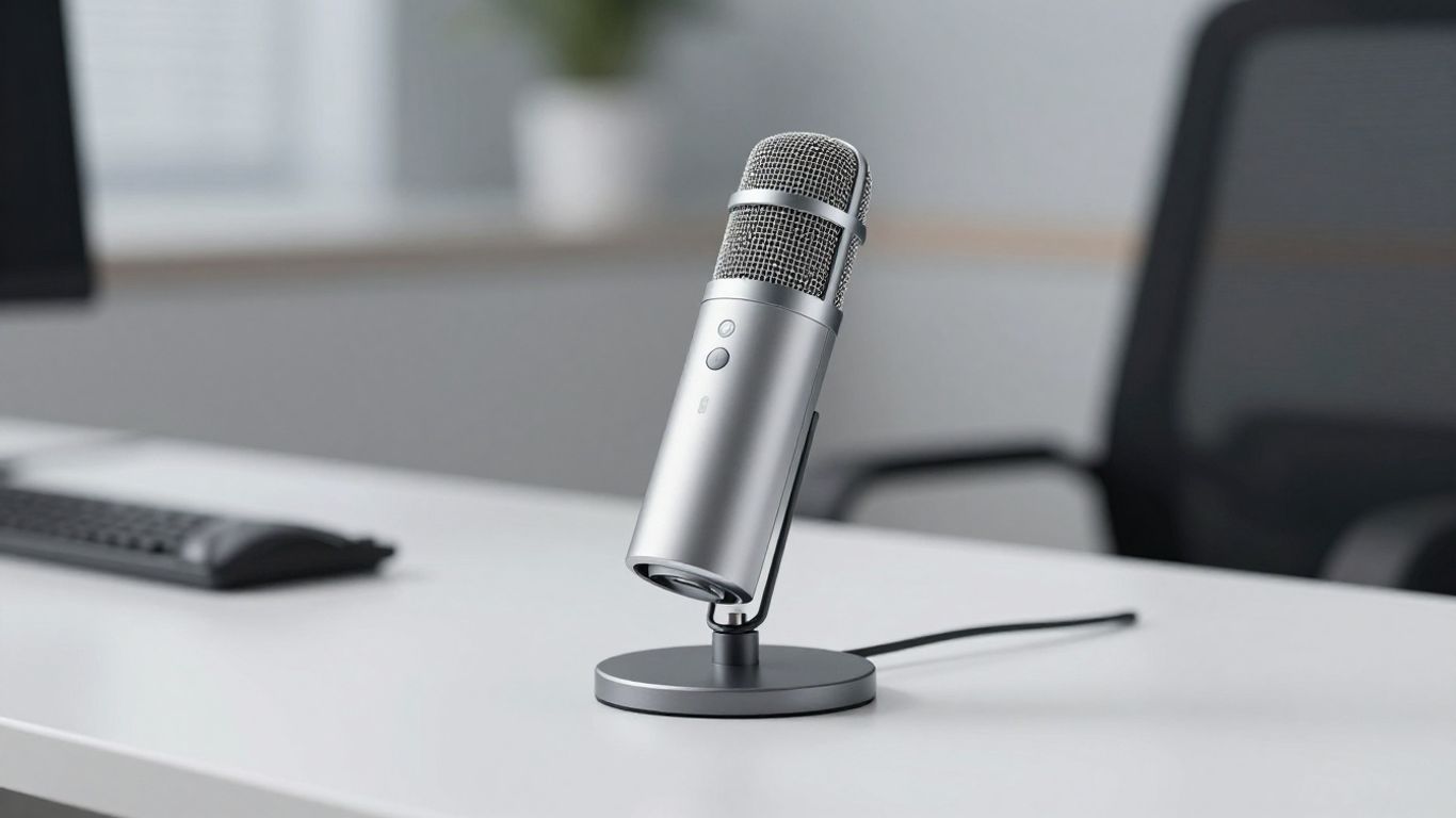 Futuristic microphone on a desk in an office.