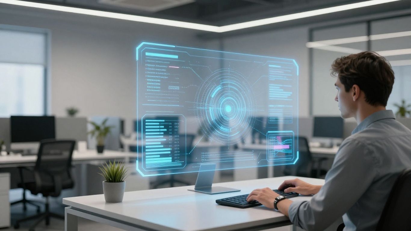 Modern office with holographic interface and person interacting.