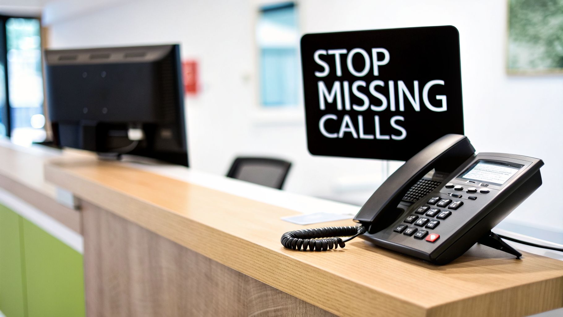 A black desk phone and a "STOP MISSING CALLS" sign on a bright office reception counter.