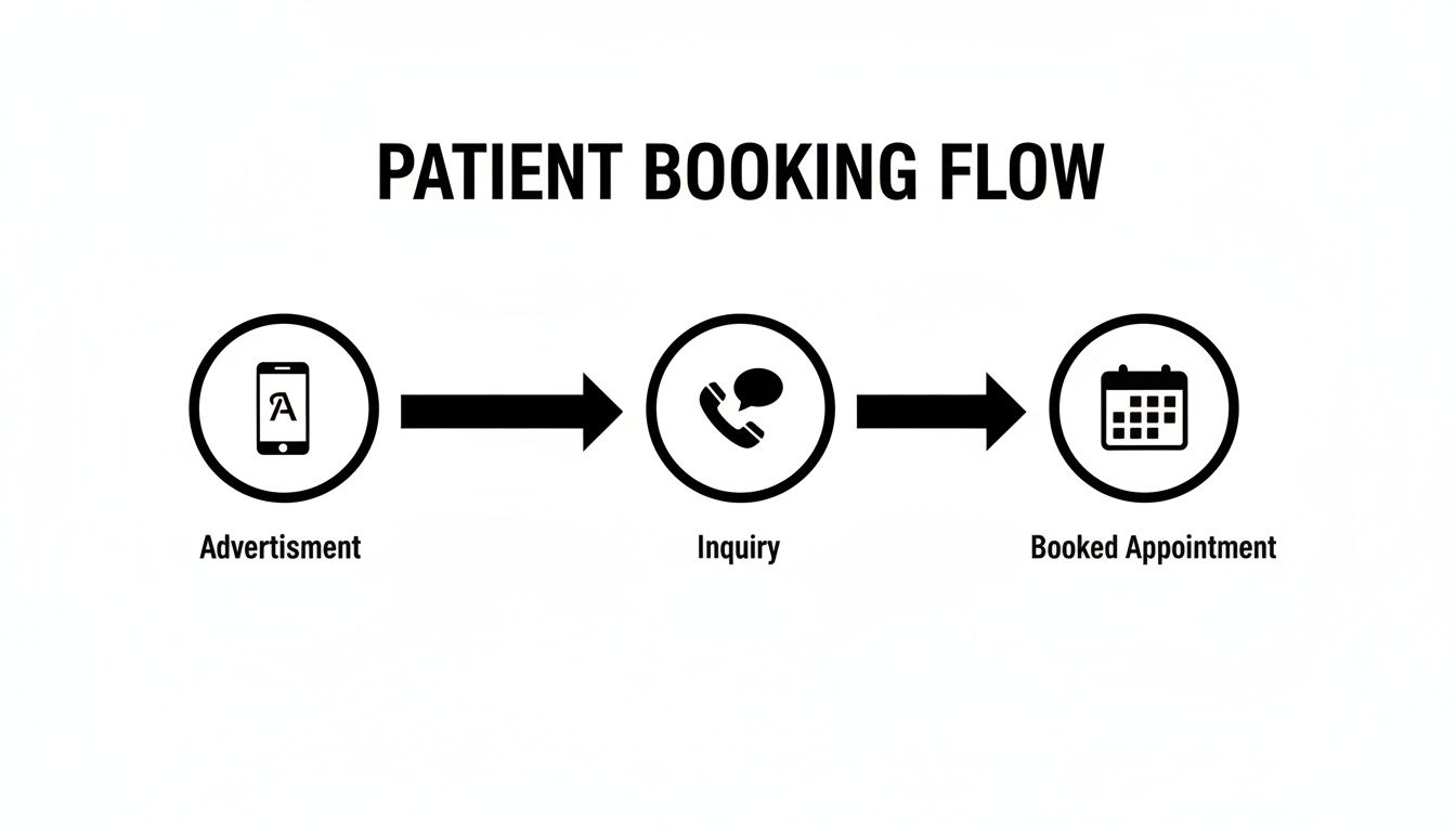 Flowchart illustrating the patient booking process from initial advertisement to inquiry and a booked appointment.