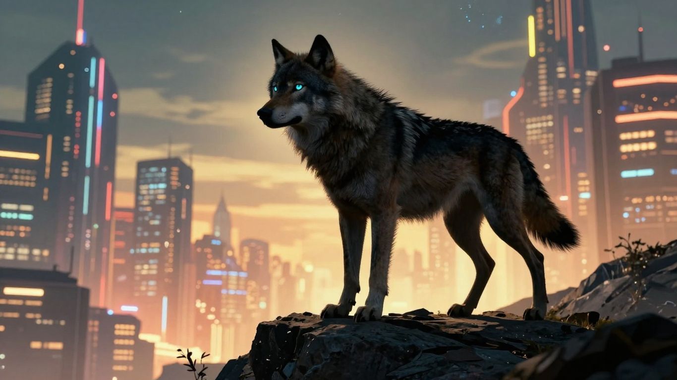 Lone wolf overlooking a futuristic city at dusk.