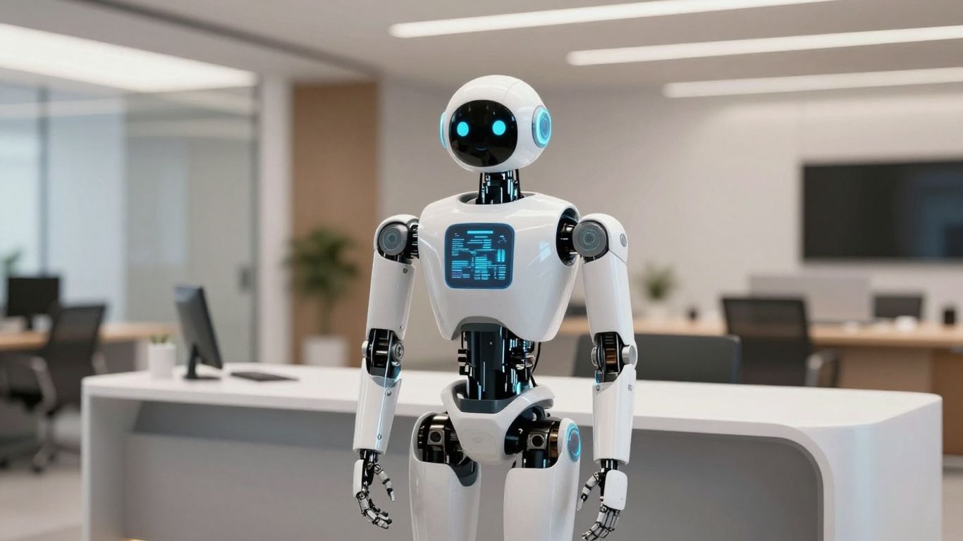 AI robot receptionist at a modern office desk.