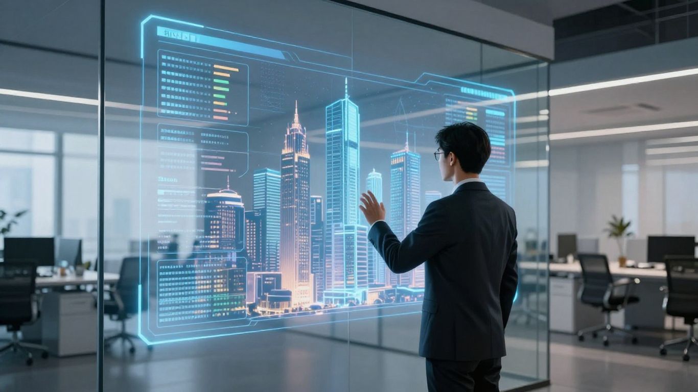 Modern office with holographic real estate data display.