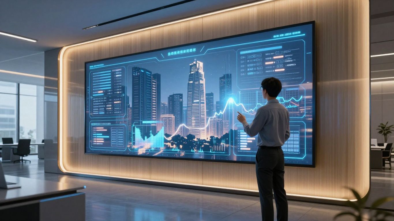 AI analyzing commercial real estate data on a futuristic display.