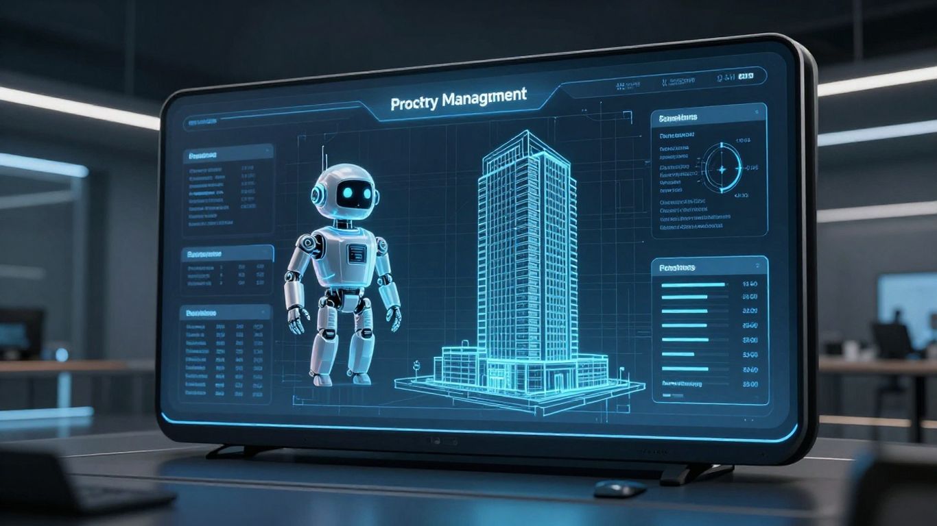 AI robot interacting with property management interface and building blueprint.