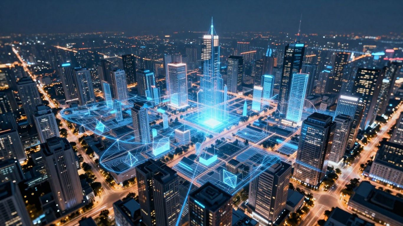 AI analyzing real estate development sites in a futuristic city.