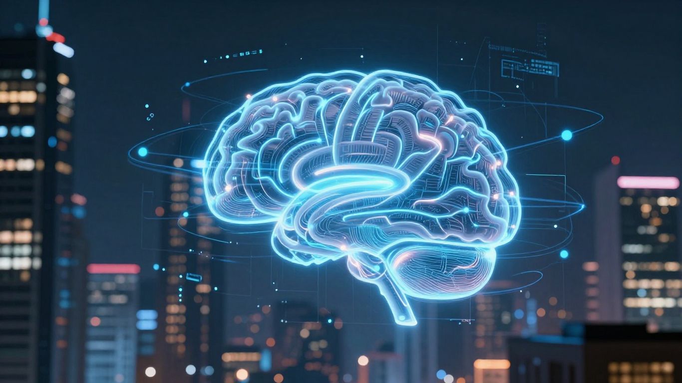Futuristic cityscape with AI brain and digital overlays.