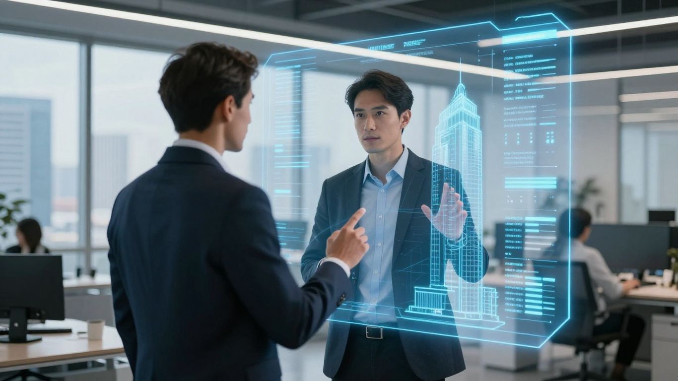 AI assisting commercial real estate broker with holographic interface.