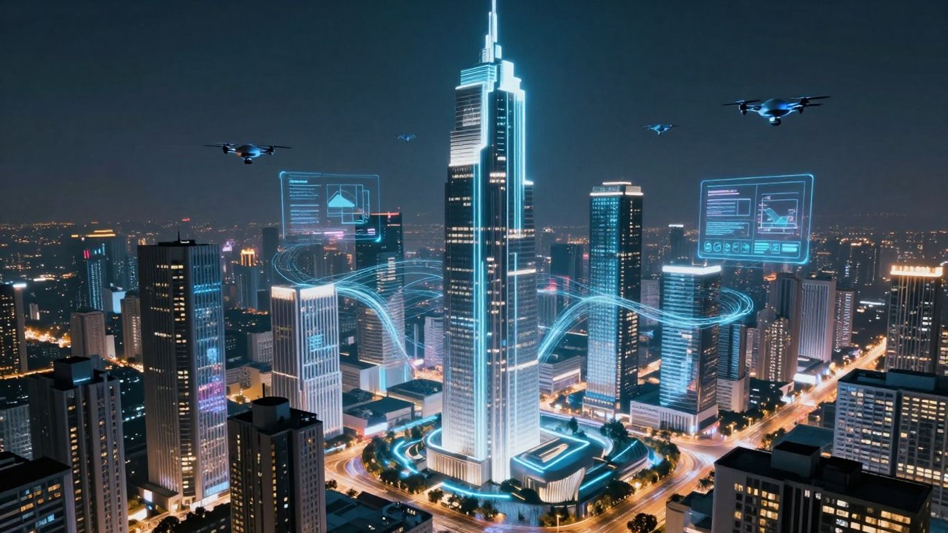 Futuristic city with digital overlays and drones.