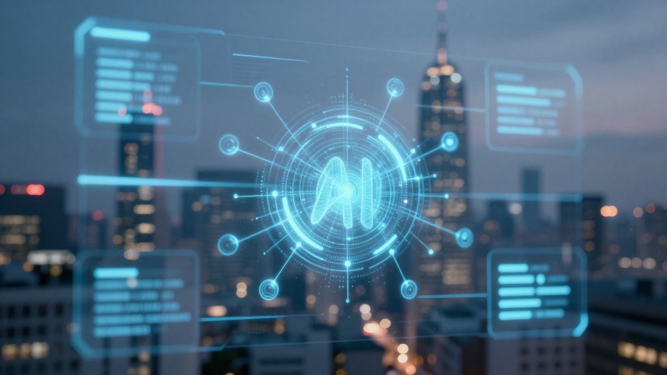 AI legal tool interface with data streams and cityscape.