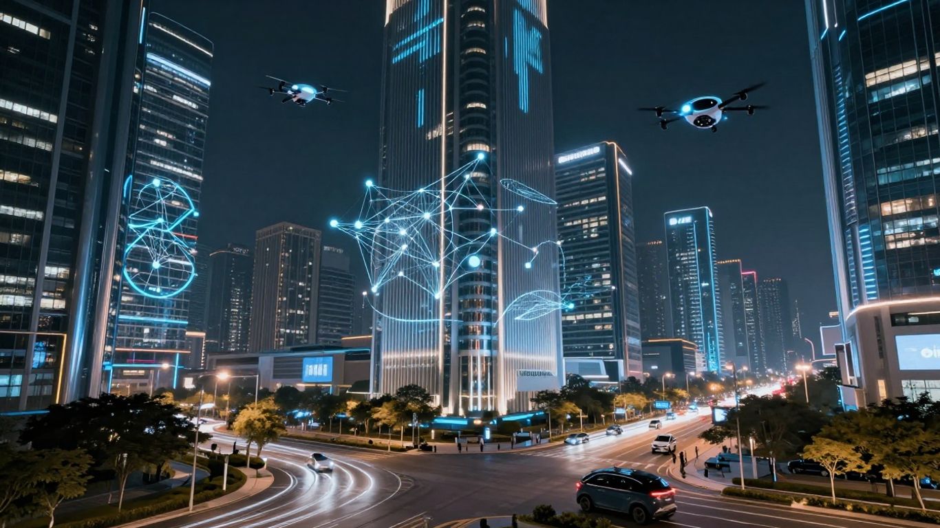 Futuristic cityscape with AI integration and automated vehicles.