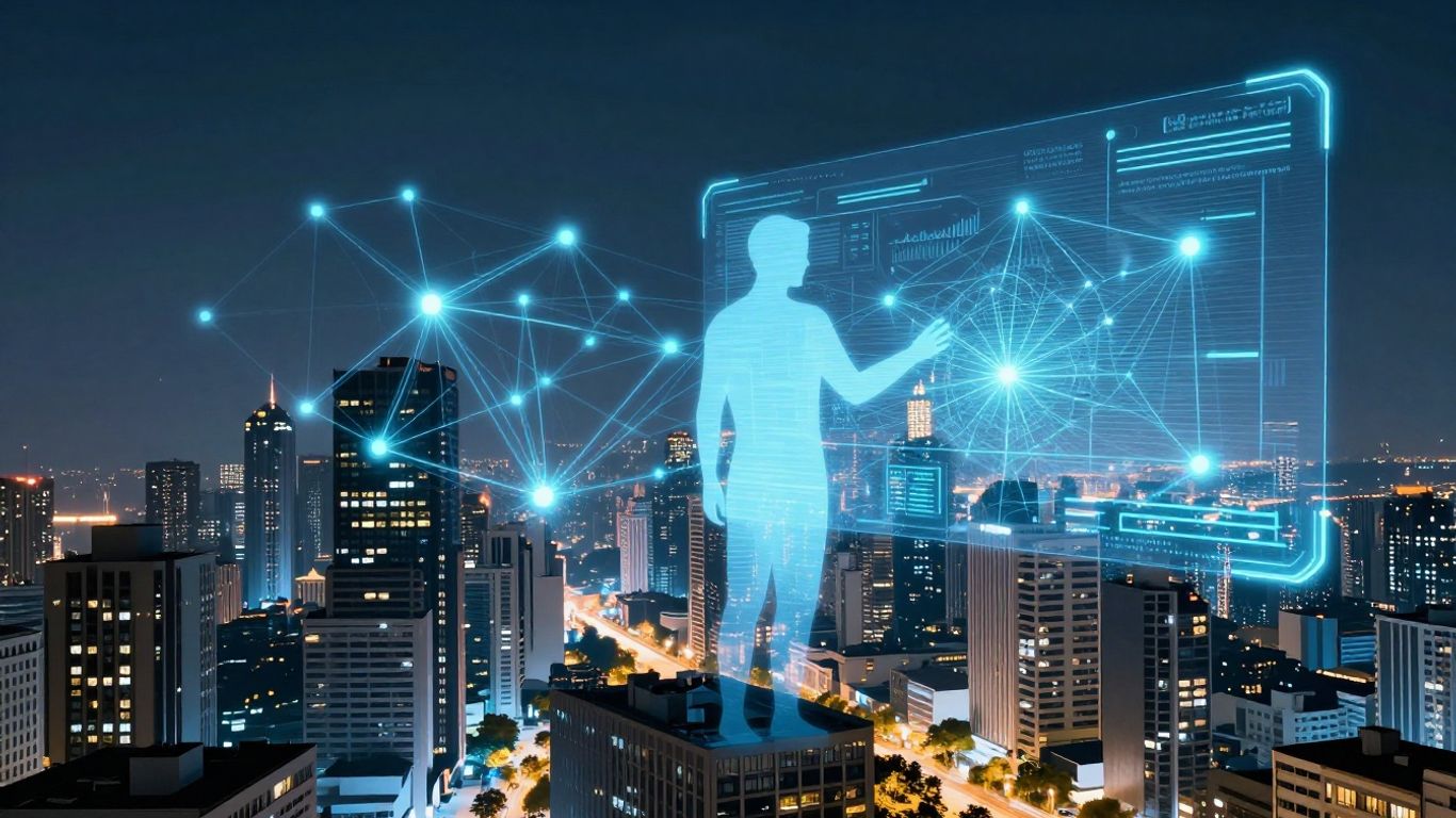 AI transforming real estate with futuristic city visuals.