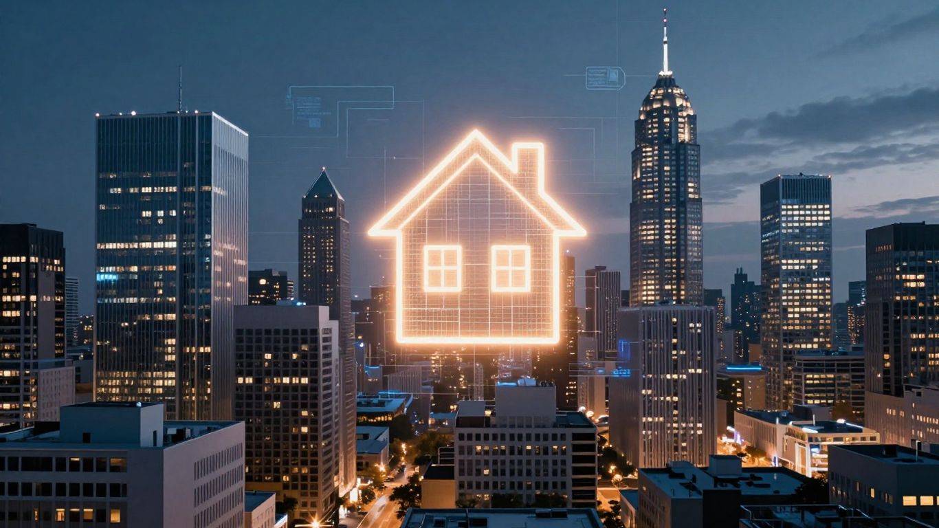 Canadian cityscape with AI overlay and digital house icon.