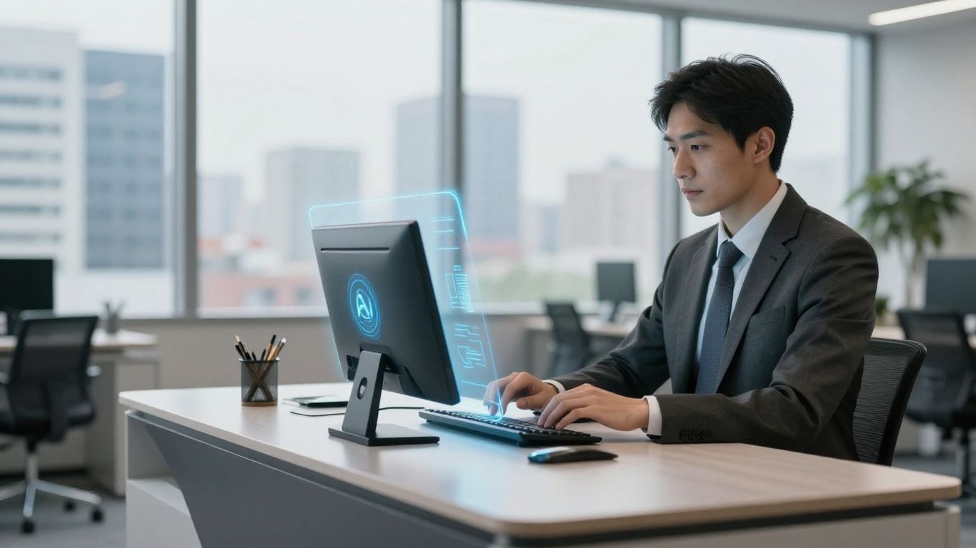 AI receptionist assisting commercial real estate professional in office.