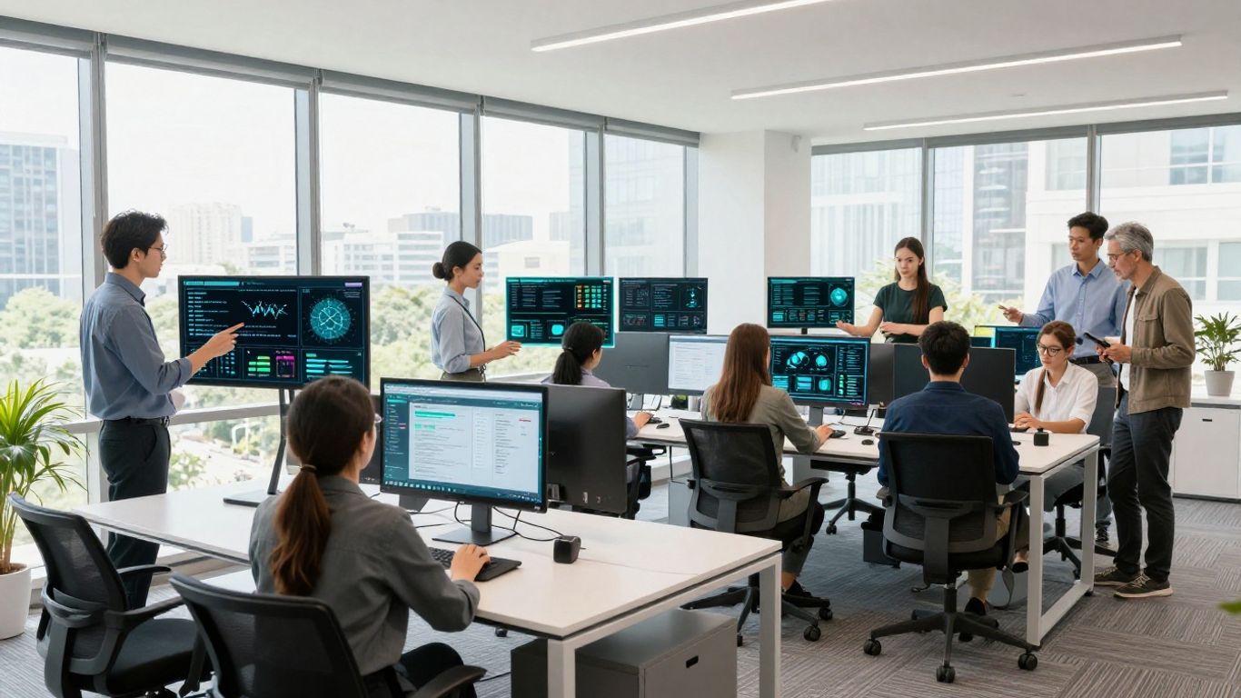 Professionals using AI tools in a modern office.