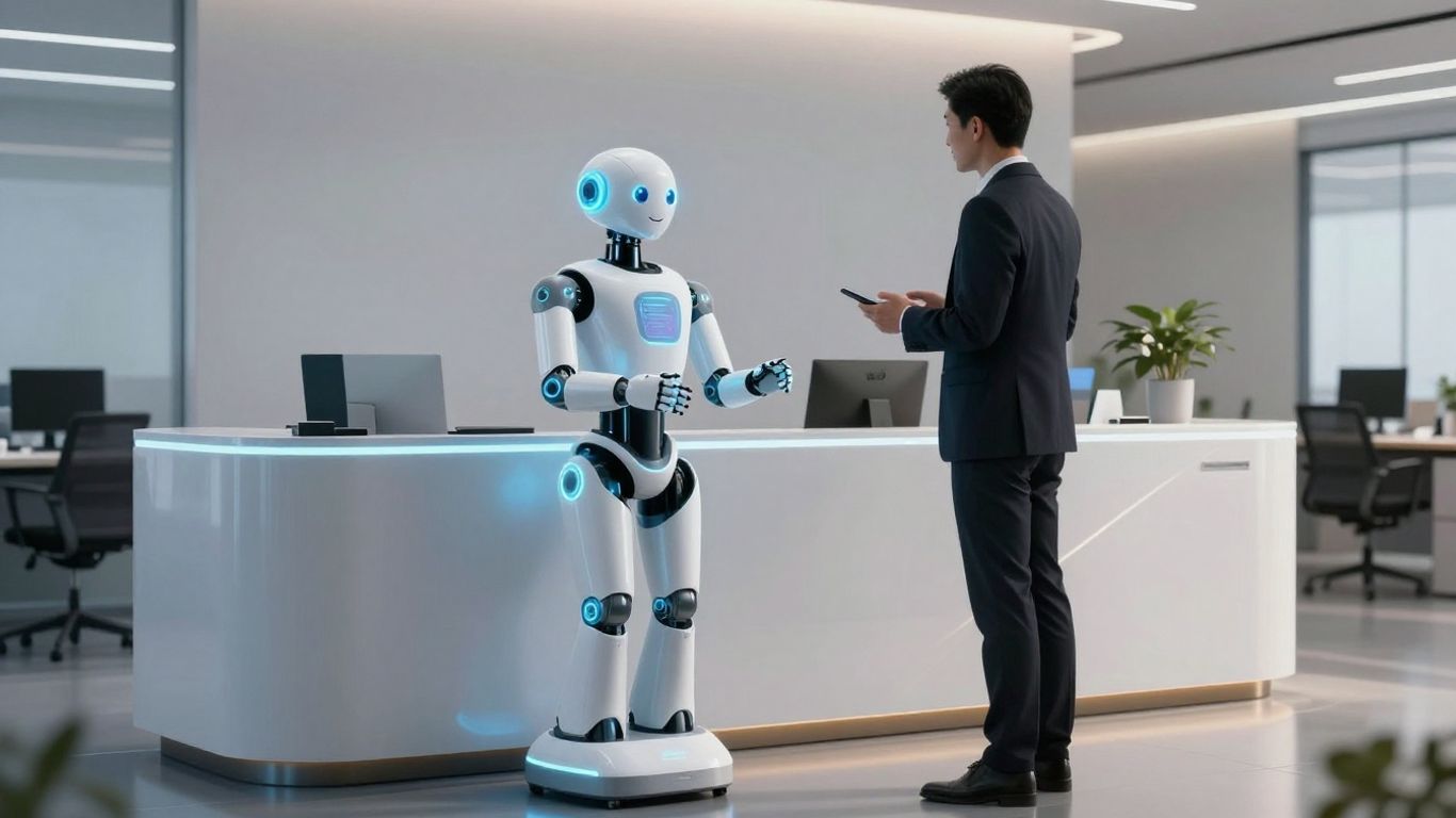 AI robot and business professional in a modern office.