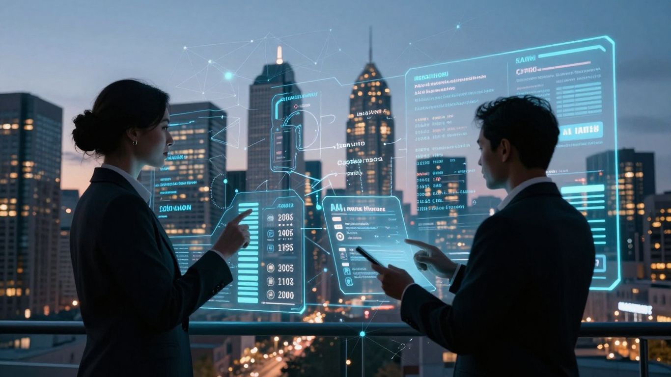 Canadian realtors using AI tools in a modern city.