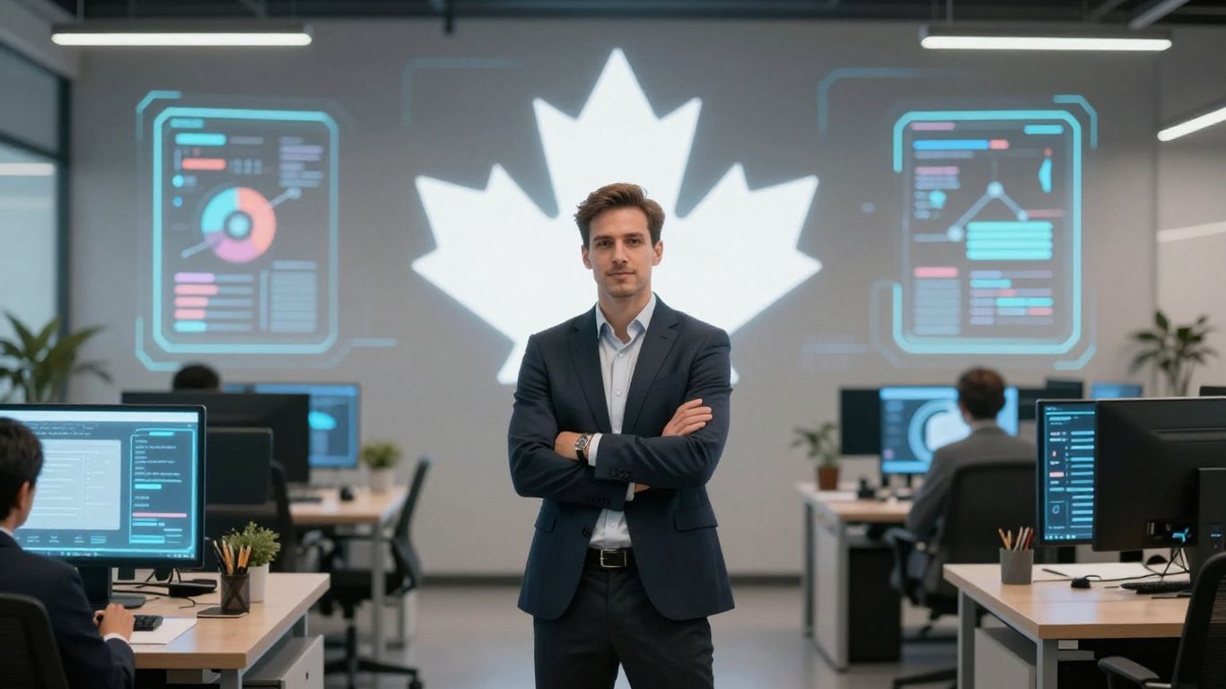 Canadian realtor with AI interfaces and maple leaf.
