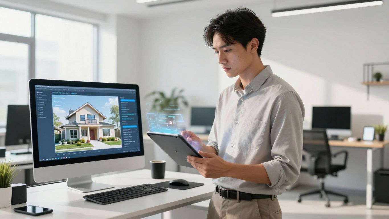 Real estate agent using AI technology in bright office