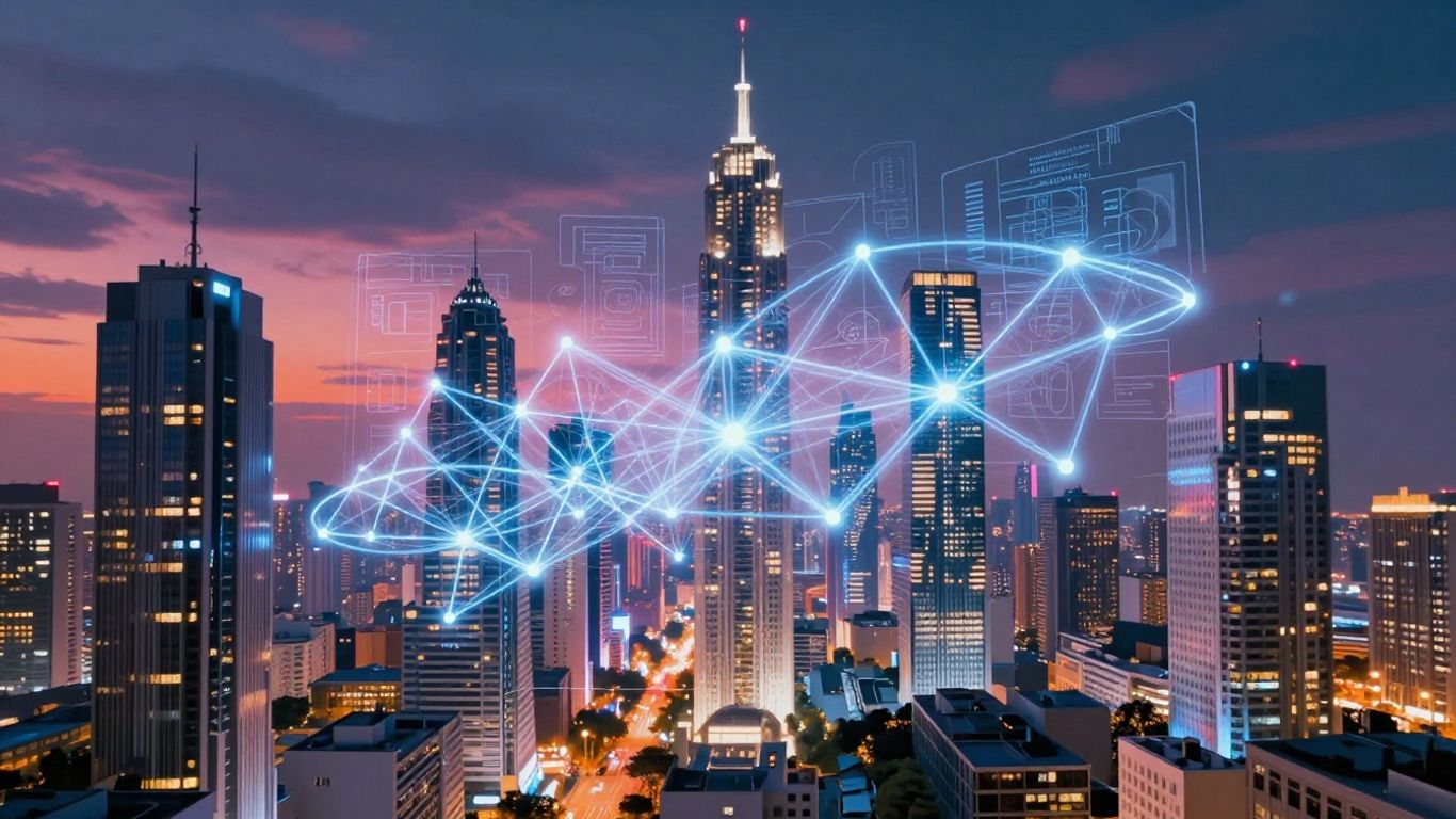 Futuristic cityscape with AI neural networks and blueprints.