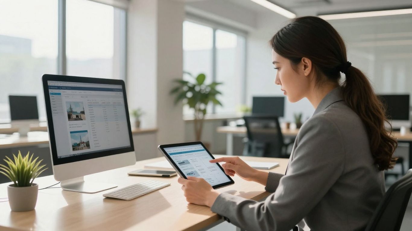 Realtor using tablet with property data, modern office.