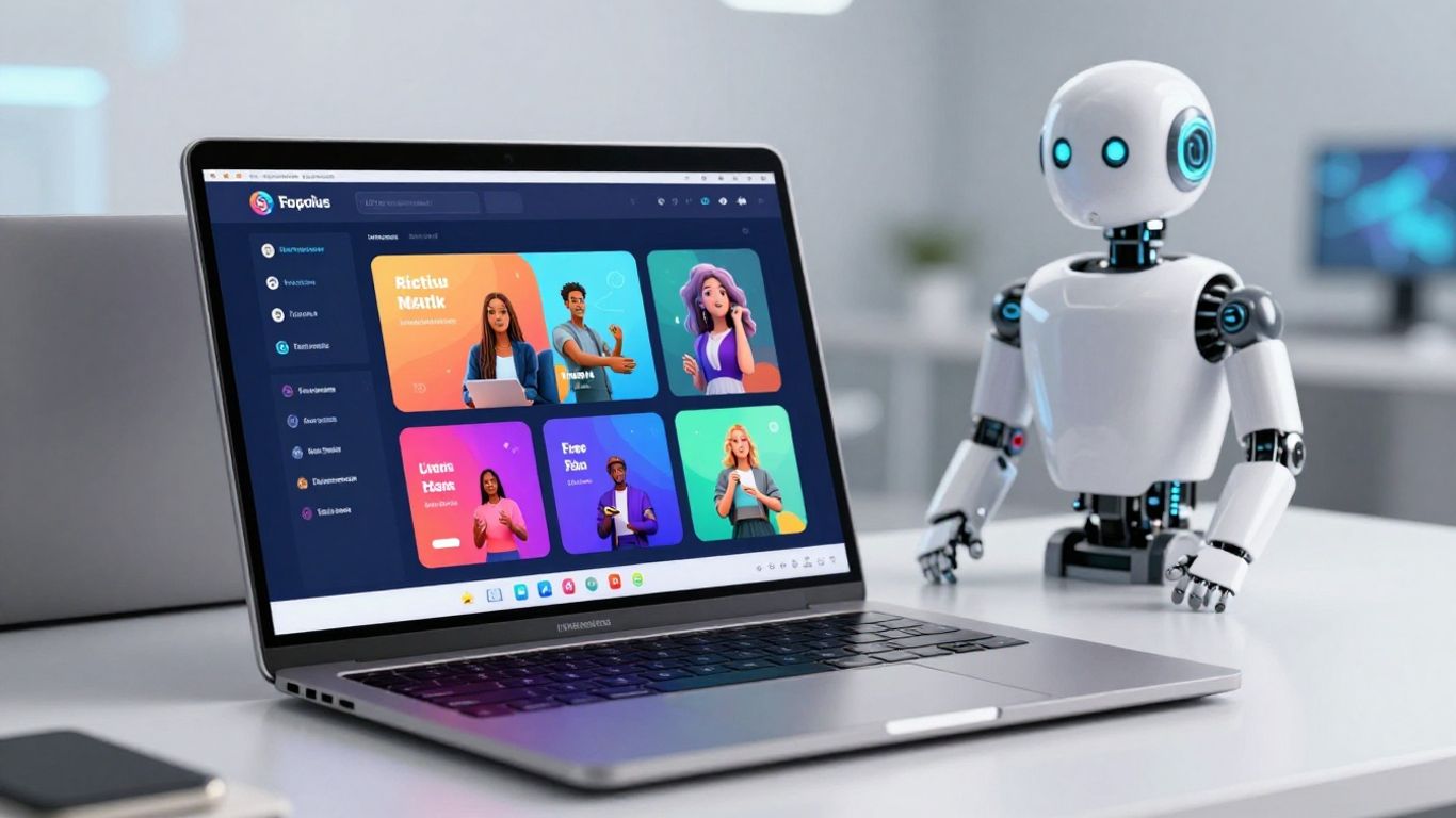 AI robot and social media feed on a laptop screen.