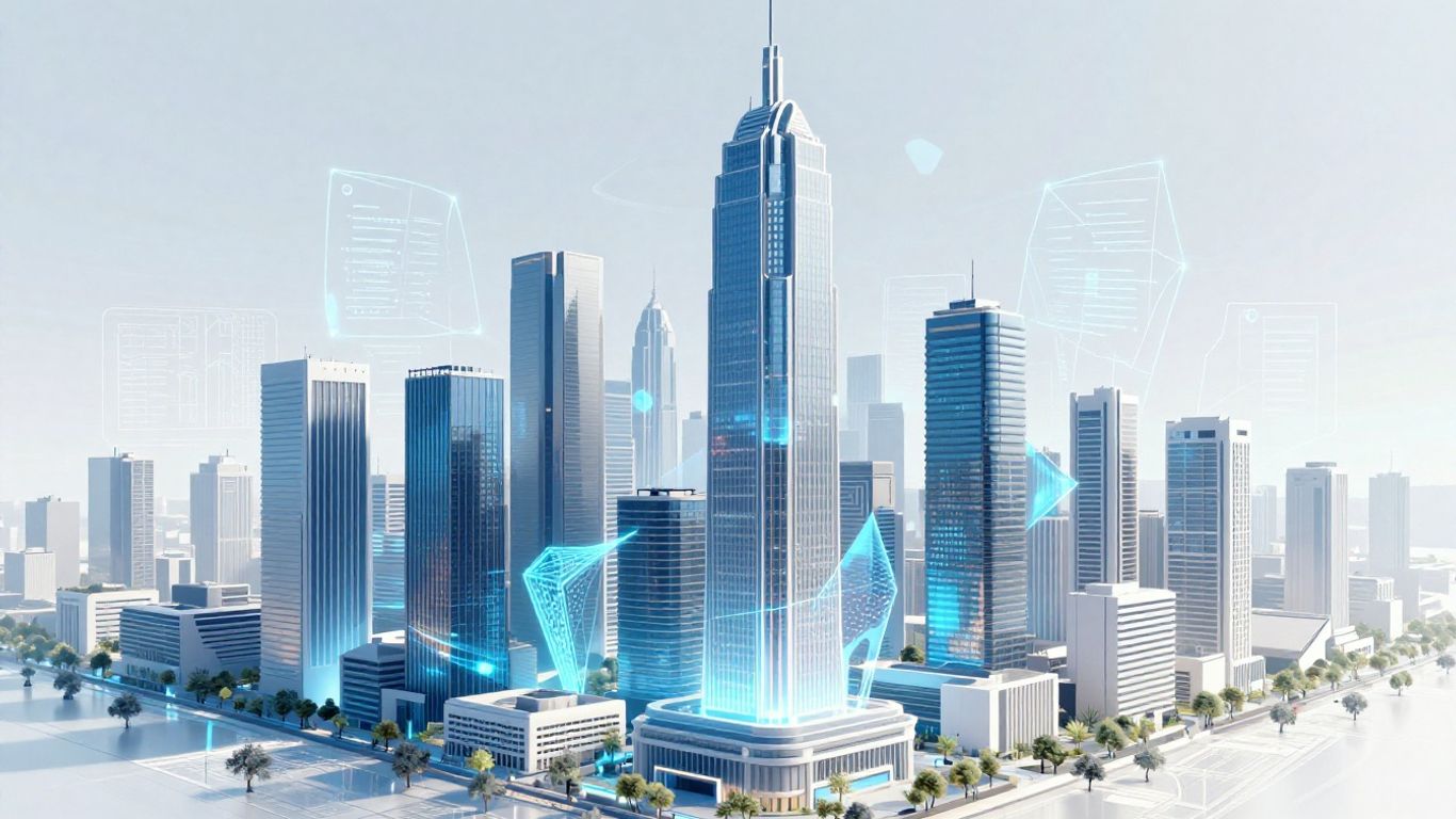 AI transforming real estate with futuristic city visuals.