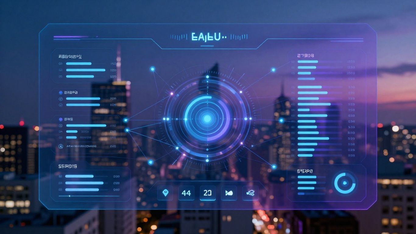 kvCORE AI dashboard with futuristic cityscape background.
