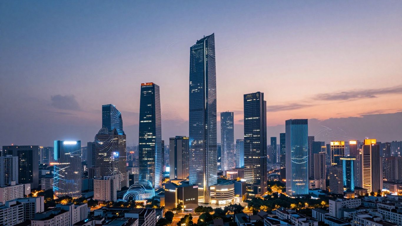 Futuristic cityscape with glowing digital overlays and skyscrapers.