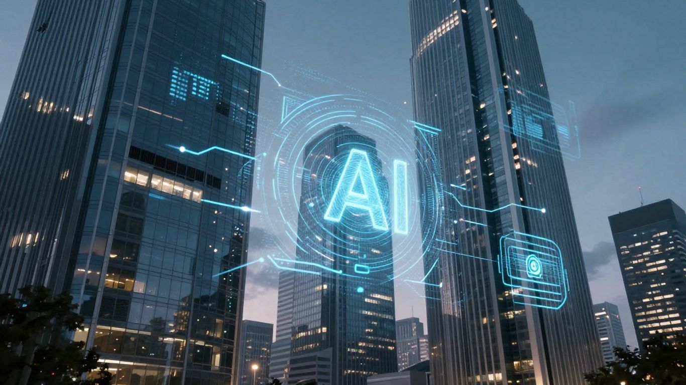 AI agent interface over cityscape and office building.